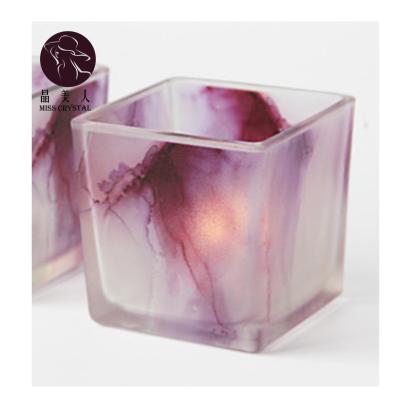 China Europe Color Printing Square Glass Candlestick For Party World Map Picture Candle Jar For Wedding for sale