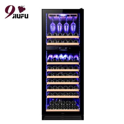 China Metal cup rack+beech wood shelves 288L small glass cabinet hot bottles electric wine bottle cooler 59 for sale