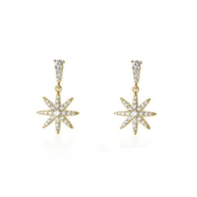 China CLASSIC ready to ship 18k sterling silver 925 gold eight point CZ starburst iced out earrings for sale