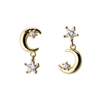 China CLASSIC ready to ship 18k sterling silver 925 gold star and moon asymmetirc gypsy earrings for sale