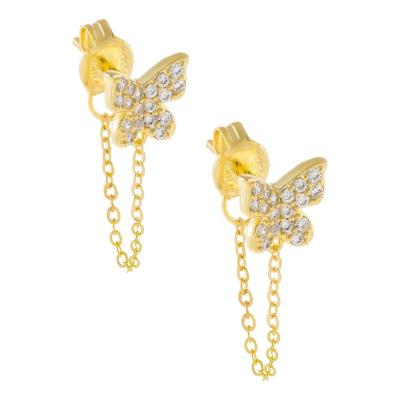 China TRENDY 18K gold plated sterling silver tiny butterfly chain stud earrings diamondettes earrings for sale