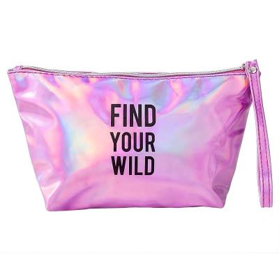 China Custom Logo Printed Handbag Iridescent Makeup Multi-Function Rainbow Pink Travel Bag Cosmetic Holographic Laser Makeup Bag Clutch Wristlet Bag Holographic Bag for sale