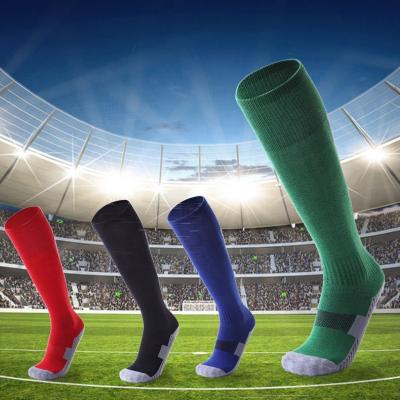 China Solid Color Polyester Non-Slip Breathable Soccer Socks In Stock Custom Logo Knee Long Soccer Socks for sale