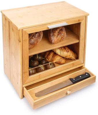 China Combohome Natural Bamboo Bread Box 2 Layer Bread Stored Adjustable Storage Bin With Clear Front Window And Tool Puller Large Capacity for sale