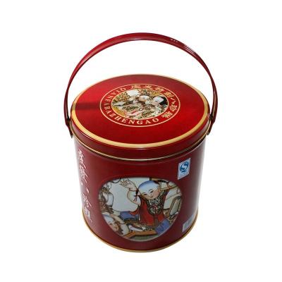 China Wholesale Custom Round Food Cookie Tin Box With Handle Tin Buckets Snacks Package Tin Box for sale