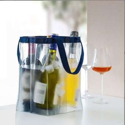 China Large Size PVC Waterproof Portable Transparent Wine Bag Custom Clear Wine Ice Bag Pouch Wine Cooler Bags With Handle for sale