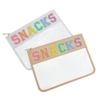 China Vintage 18 Colors Nylon Personalized Letters Patches Women Lady Transparent Travel Zipper Flat Clear Cosmetics Waterproof Makeup Pouch for sale