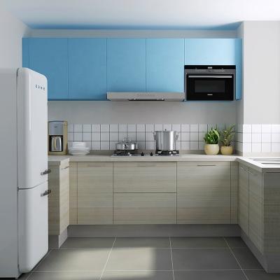 China Environmental Friendly Custom Modular Blue And Wood Grain Small Mini Kitchen Cabinets For Apartment Home for sale