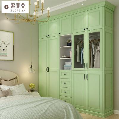 China Environmental European Style Customized Bedroom Furniture Green Wooden Wardrobe Kids Clothes Wardrobe With Decoration Line for sale