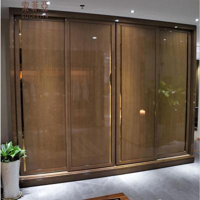 China Environmental Heavy Duty High Gloss Veneer Wooden Wardrobe Clothes Cabinet With Sliding Doors for sale