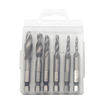 China HSS 4341 6PC HSS 4341 1/4 inch 1/8 5/32 3/16 1/4 5/16 3/8 Combination Drill Tap and Screw Bit Set for sale