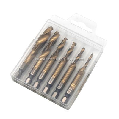 China HSS 6542 6pcs HSS 6542 Titanium Plated Metric Hex Thread M3/M4/M5/M6/M8/M10 Combination Screw Tap Drill Bit Set for sale