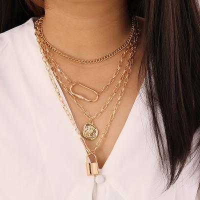 China Trendy Women's Long Geometry Simple Multi Personality Layer Lock Fashion Alloy Item Creative Clavicle Chain Necklace for sale