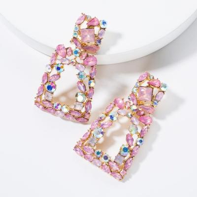 China Fashion Ethnic Vintage Alloy Big Pink Trapezoid Acrylic Diamond Rhinestone Gold Geometric Earrings Jewelry For Girls for sale