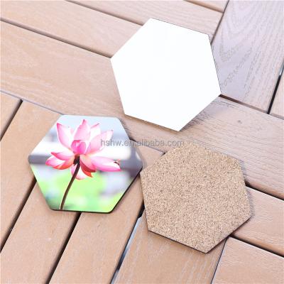 China Viable Personalized DIY Custom 90mm Hexagon MDF Sublimation Cork Coasters for sale