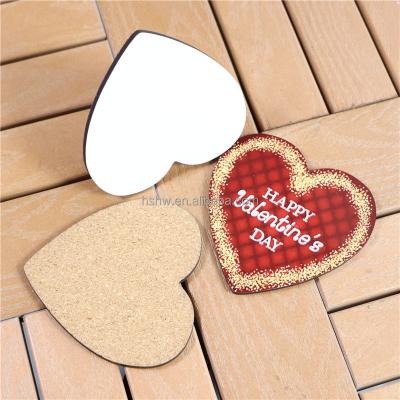 China Viable Wholesale Custom Printing 90mm Sublimation Blank MDF Heart Shape Cork Coasters for sale