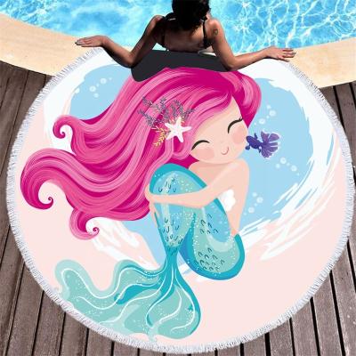 China Child Safe High Quality Quick Dry Custom Printed Microfiber Round Beach Towel With Tassel for sale