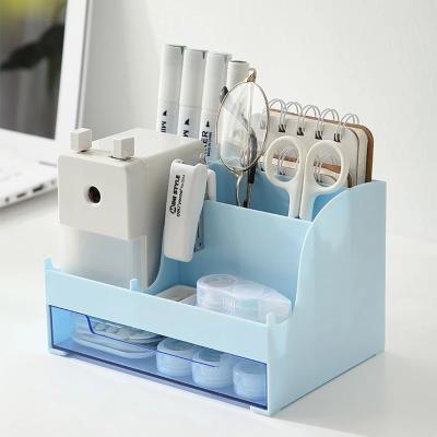 China Large Capacity Desk Accessories Pen Holder With Drawer Pencil Storage Box Office School Office Stationery Desk Organizer for sale