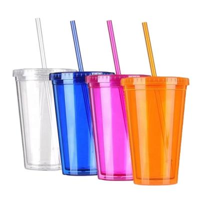 China PORTABLE Custom Colorful Juice Tea Cold Drink Coffee Mugs 16oz 450ml Recyclable Double Walled Plastic Cup Tumblers With Lid And Straw for sale