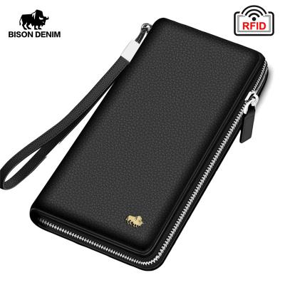 China Custom Genuine Leather Zipper BISON DENIM Brand RFID Wallet Men's Wallet Logo Clutch Bag Wallet Card Long Purse Coin Holder for sale