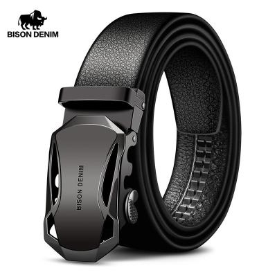 China COWHIDE BISON DENIM Men's Belt Cow Leather Belts Brand Fashion Automatic Buckle Black Genuine Leather Belts for sale