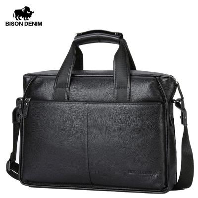 China GENUINE LEATHER GENUINE LEATHER Cowskin Men's BISON DENIM Briefcase Large Capacity Laptop Messenger Bag Busniss Black Handbag for sale