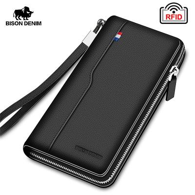 China BISON DENIM Men Wallets Custom Genuine Leather RFID Wallet Coin Purse Business Card Holder Custom Bifold Wallet With Zipper for sale