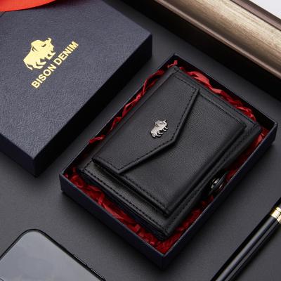 China DENIM Logo Men Short Slim Wallet Custom Made Triple BISON RFID Blocking Card Holder Wallet With Coin Pocket for sale