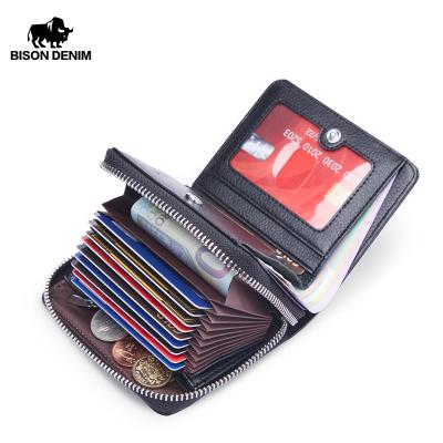 China BISON DENIM Men's Genuine Leather Rfid Wallet RFID Blocking Multifunctional Short Wallet Coin Purse Card Holder Wallet With Zipper for sale