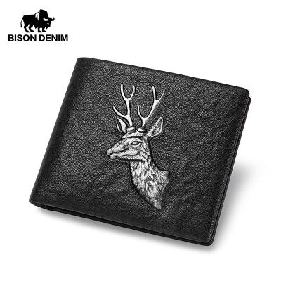 China Black BISON DENIM RFID Men's Short Wallet Business Card Holder Genuine Leather Men's Business Card Holder Trend Card Package Purse Male Wallet for sale