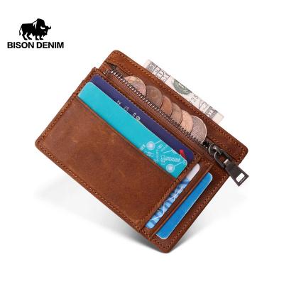 China Slim BISON RFID DENIM RFID Blocking Card Wallet Credit ID Card Holder Purse Money Cash Men Genuine Leather Porte Card for sale