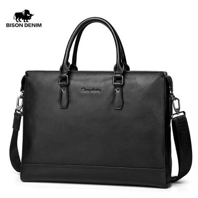 China GENUINE LEATHER BISON DENIM Men Handbag Business Shoulder Male Messenger Bag 13.5 Inch Laptop Bag Briefcase For Man for sale