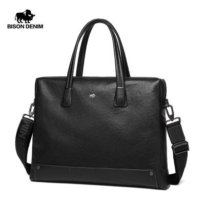 China BISON DENIM COWHIDE GENUINE LEATHER Luxury Men's Briefcase Laptop Bag Large Capacity Genuine Leather Shoulder Bag Men's Business Briefcase for sale