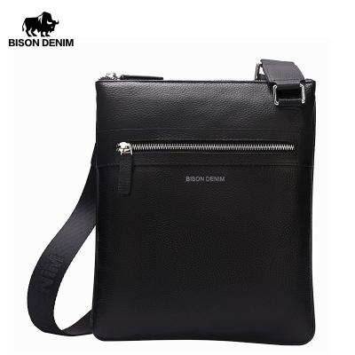 China BISON Brand GENUINE DENIM LEATHER Genuine Leather Cross - Body Bag Men Slim Shoulder Business Travel Protective Bag Male Messenger Bags for sale