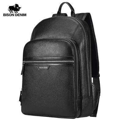 China Motion Sensing BISON DENIM Women Genuine Leather Men Backpack 14 Inch Waterproof Laptop Backpack Travel School Fashion Backpack for sale