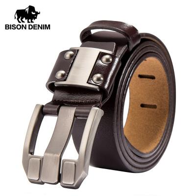 China Cowhide BISON DENIM Men's Jeans Belts Pin Buckle Cowhide Genuine Leather Belts Vintage Brand Belt Strap for Men Male for sale