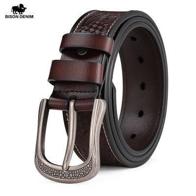 China Cowhide BISON DENIM Men's Belt Scare Pin Buckle Leather Belt High Quality Luxury Genuine Leather Male Belts for sale