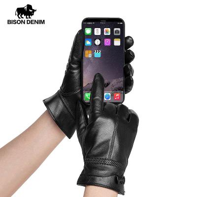 China TWILL BISON DENIM Genuine Sheepskin Leather Women Warm Gloves Autumn Winter Thicken Touch Screen Fashion Gloves For Female for sale