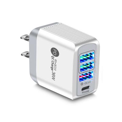 China 36W Cell Phone Multi Ports Wall Charger PD USB-C QC 3.0 USB Wall Chargers 4 Fast Power Adapters EU UK US Plug for sale