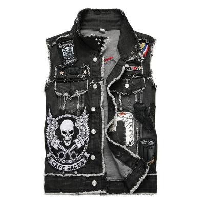 China Nylon/Cotton Mens Punk Denim Vests Sleeveless Black Denim Vest Embroidery Skull Fashion Slim Fit Jeans for sale