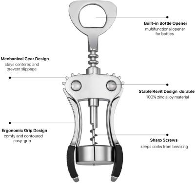 China Can Opener Wine Opener, Premium Zinc Alloy Wing Corkscrew Wine Bottle Opener With Multifunctional Bottle Opener for sale