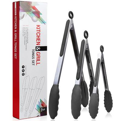 China 3 Pack Durable Black Silicone Locking Kitchen Cooking Food Tongs for sale