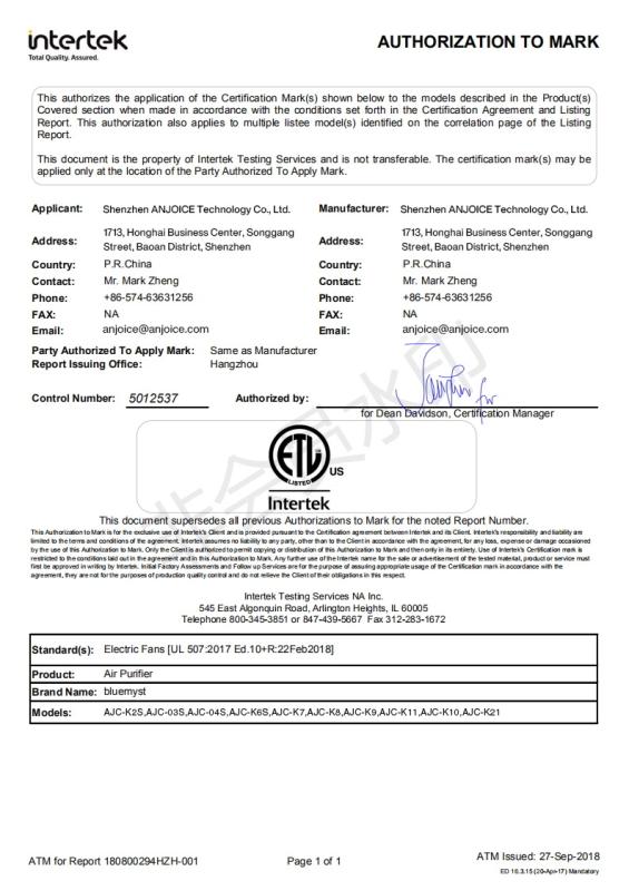 ETL - SHENZHEN ANJOICE TECHNOLOGY CO., LTD.