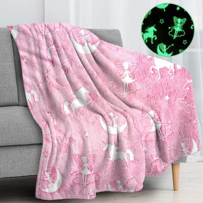 China PORTABLE Soft Pink Fantasy Unicorn Blanket Glow In The Dark Glowing Luminous Fairy Blanket Plush For Kids for sale