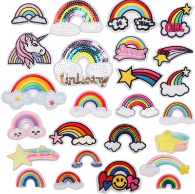 China Other Colorful Rainbow Varsity Meteor Shower Fabric Stickers Cartoon Embroidered Custom Embroidered Iron On Sequin Decorative Patches for sale