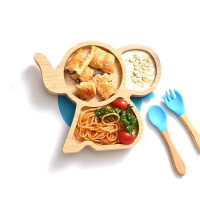 China Sustainable Biodegradable Bamboo Fiber Dish Set Kids Cartoon Animals OEM Bowl Sets Rabbit Elephant Silicone Spoon and Bamboo Dish Set for sale