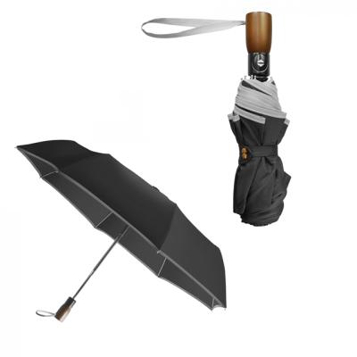 China Minimalist Environmentally Friendly Automatic Open End AOC Panels 3 Fold Panels RPET Wooden Handle Open End Reflective Umbrella for sale