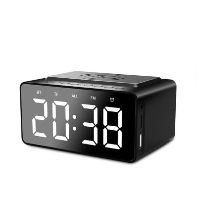 China Phone Function Bedside Cabinet Charger 10W Digital LED Display Alarm Clock FM Radio Alarm Clock WTS Desk Wireless Charging Speaker for sale