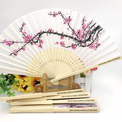 China Wedding Favors Customized Wedding Unique Cherry Blossom Folding Hand Fan Party Gifts Silk Screen Printing Handmade Text Fans for sale