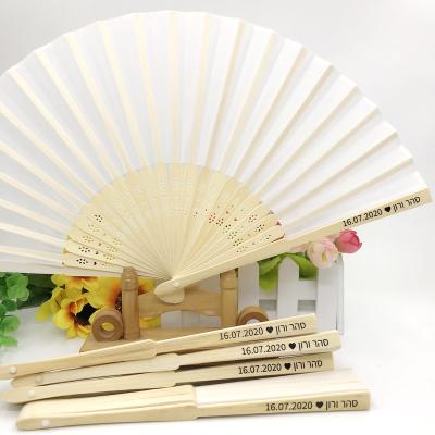 China Wedding Favors Custom Hand Printing Wedding Fan with Ribbon Bow Personalized Bamboo White Folding Fan Good for Party Decorations for sale